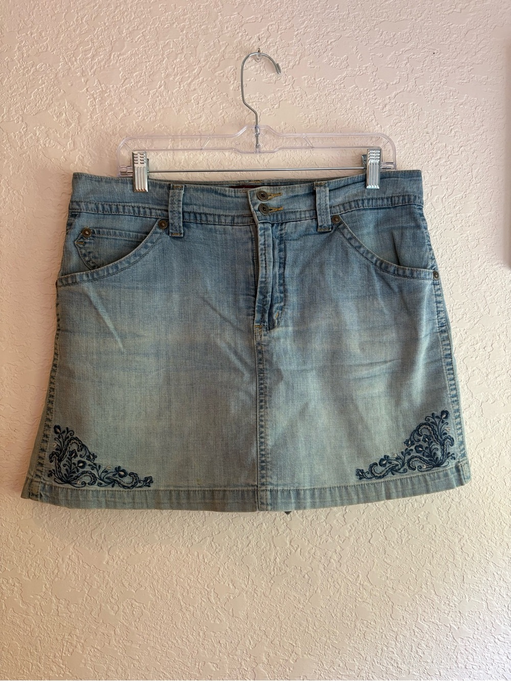 Gloria Vanderbilt Light Blue Denim Mini Skirt with Navy Embroidery